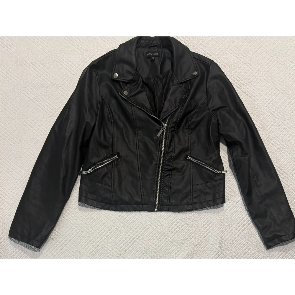 New Look Women's Black Faux Leather Biker Jacket Asymmetric Zip Size Large